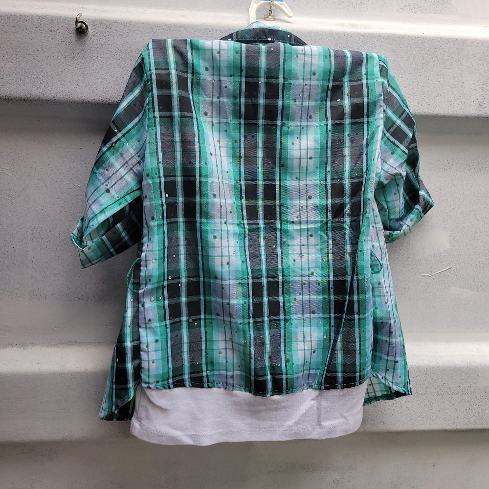 ❤️🩷❤️ 2 in 1 button up and tank size small knitworks cat kitty watercolor plaid - Picture 2 of 9